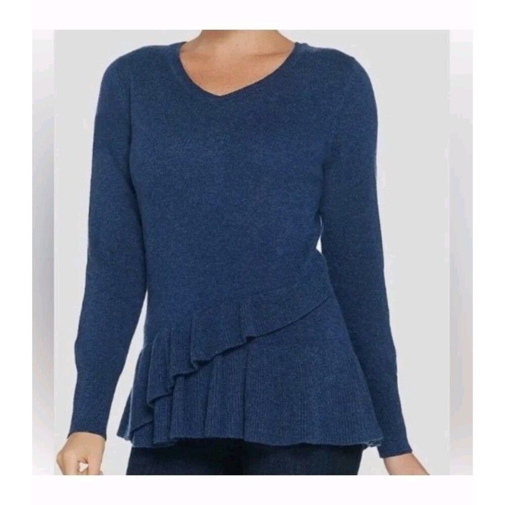 Isaac Mizrahi Live! Cashmere Peplum Sweater Babydoll Vneck Blue Women's XS - Picture 1 of 15